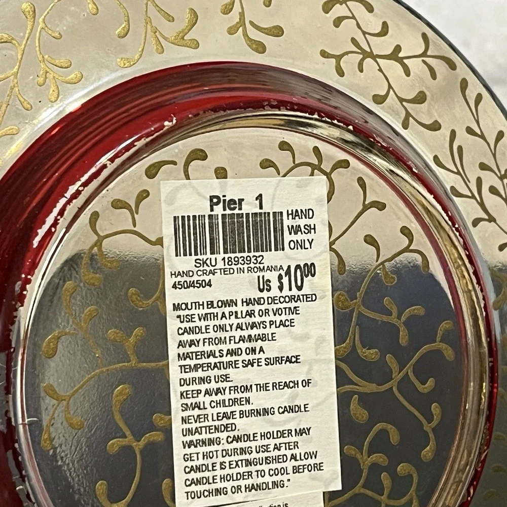 Vtg Pier 1 Rioja Red & Gold Scroll Plate Candle Dish 6